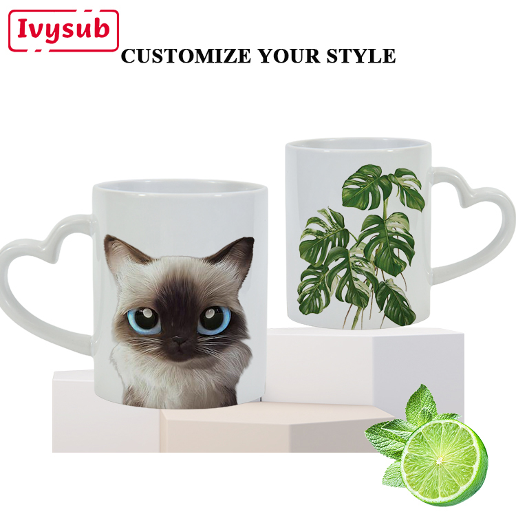 Customized 11oz Heart Handle Ceramic Mugs Colorful Sublimation Ceramic Milk Mug Customization Logo Printing Mugs