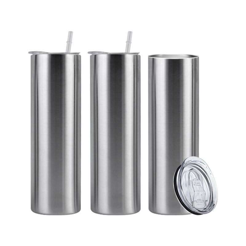 20 Oz Silver Stainless Steel Double Wall Insulated Straight Skinny Blanks Tumbler With Straw