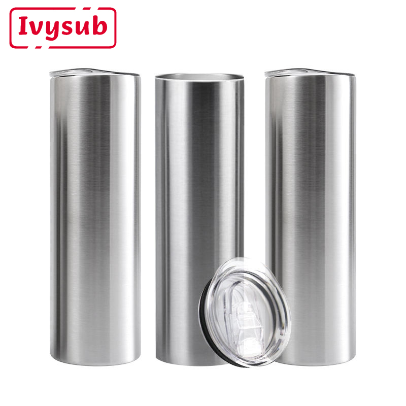 20 Oz Silver Stainless Steel Double Wall Insulated Straight Skinny Blanks Tumbler With Straw