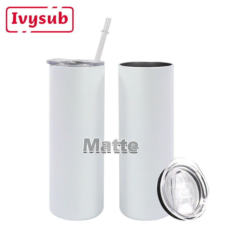 20 oz Blank White Matte Sublimation Double Wall Stainless Steel Skinny Tumbler With Plastic Straw