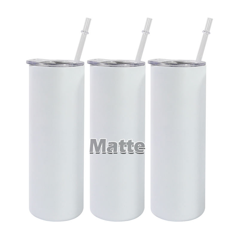 20 oz Blank White Matte Sublimation Double Wall Stainless Steel Skinny Tumbler With Plastic Straw