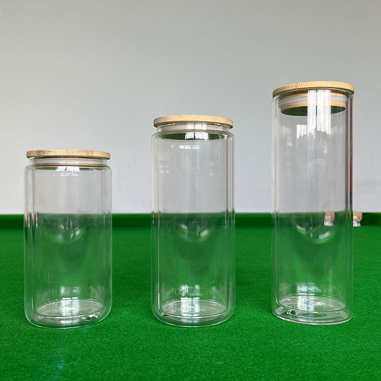 16oz 20oz Clear Double Wall Beer Can Glass Sublimation Water Bottle Glass Jar with Bamboo Lid and Straws