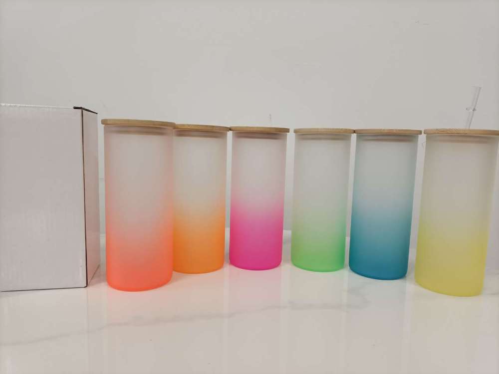 18OZ Sublimation Blanks Frosted Glass Gradient Glass Tumbler Straight Cup with Straw and Bamboo Lid