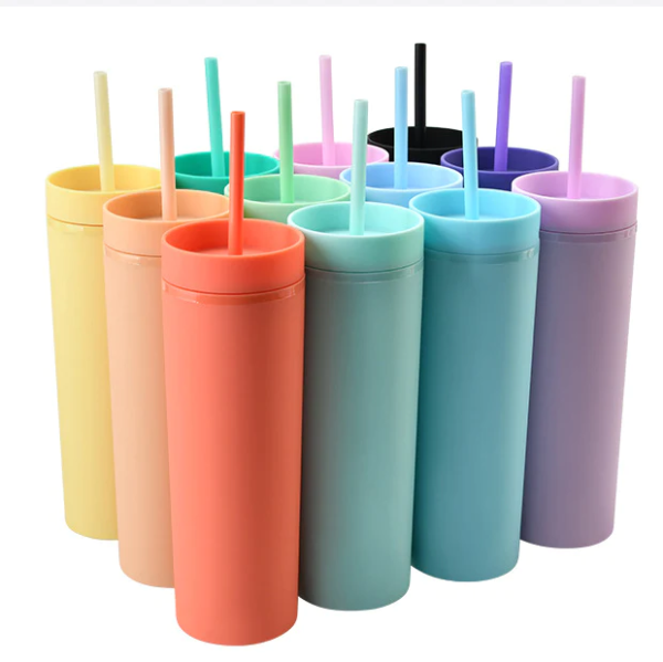 USA Warehouse 16oz Plastic Skinny Tumblers with Straw Double Wall