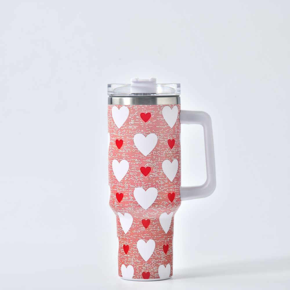 Valentine's Day 40oz tumbler with handle 40 ounce Stock in Advance Heart Pattern thermos Tumbler
