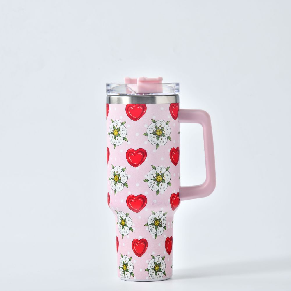 Valentine's Day 40oz tumbler with handle 40 ounce Stock in Advance Heart Pattern thermos Tumbler