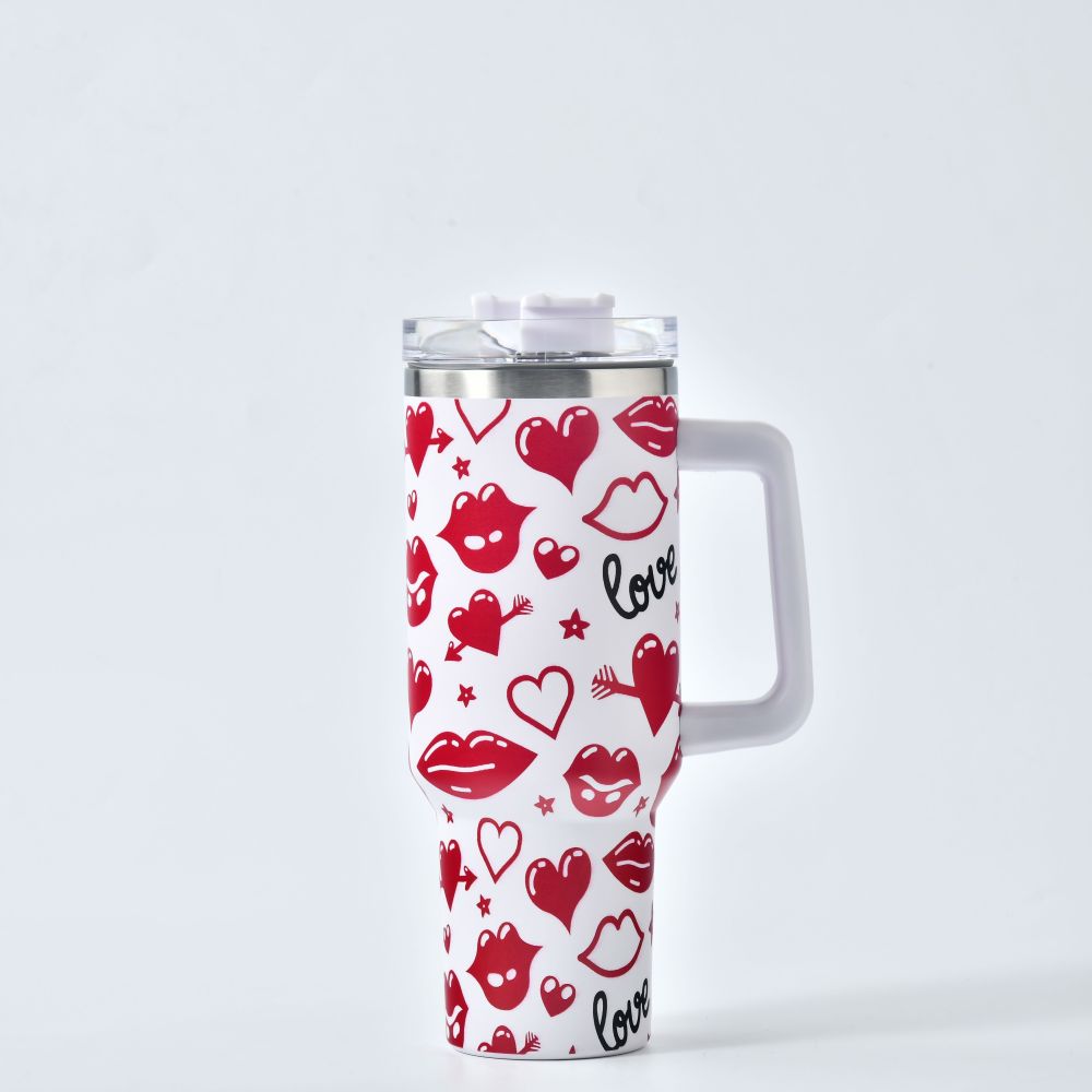 Valentine's Day 40oz tumbler with handle 40 ounce Stock in Advance Heart Pattern thermos Tumbler