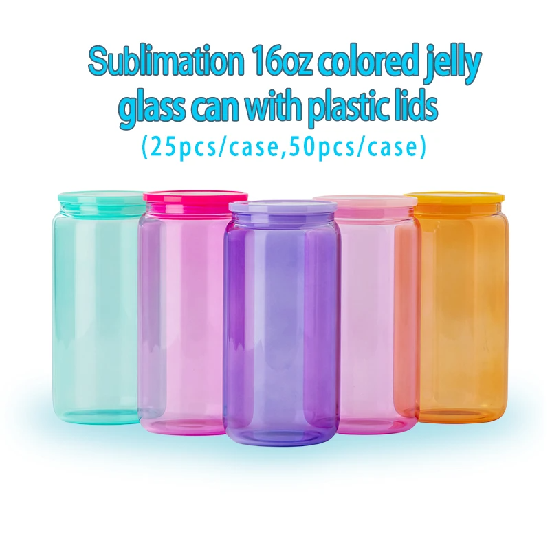 USA Warehouse 16oz Sublimation Blanks Transparent Candy Jelly Beer Glass Can Colored Cups MUG PRINT with Plastic Lid and Straw