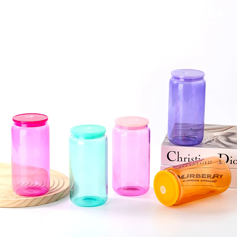 USA Warehouse 16oz Sublimation Blanks Transparent Candy Jelly Beer Glass Can Colored Cups MUG PRINT with Plastic Lid and Straw