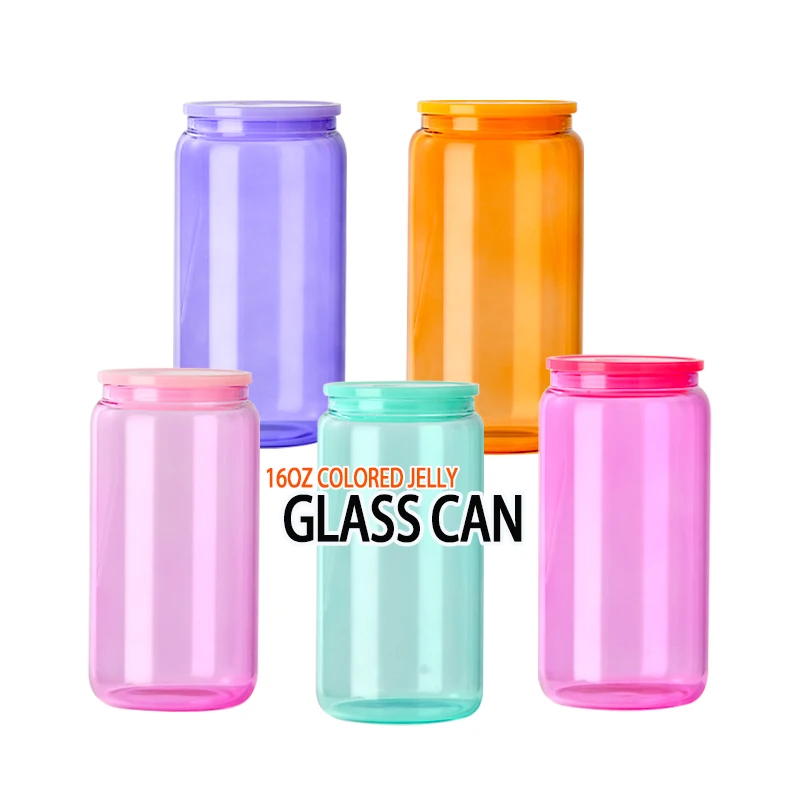 USA Warehouse 16oz Sublimation Blanks Transparent Candy Jelly Beer Glass Can Colored Cups MUG PRINT with Plastic Lid and Straw