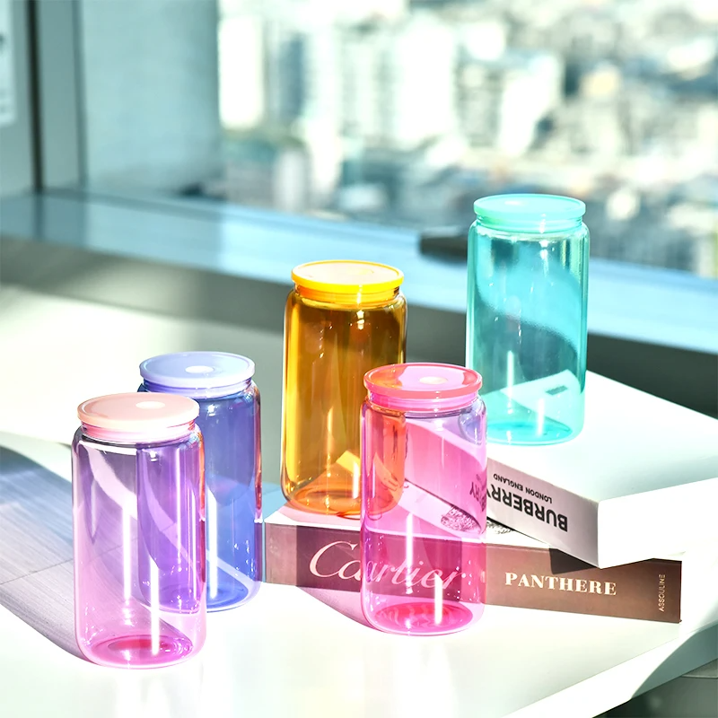 USA Warehouse 16oz Sublimation Blanks Transparent Candy Jelly Beer Glass Can Colored Cups MUG PRINT with Plastic Lid and Straw