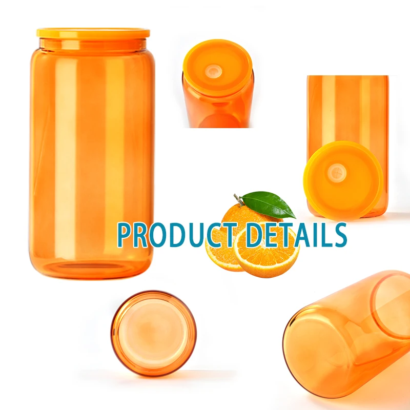 USA Warehouse 16oz Sublimation Blanks Transparent Candy Jelly Beer Glass Can Colored Cups MUG PRINT with Plastic Lid and Straw