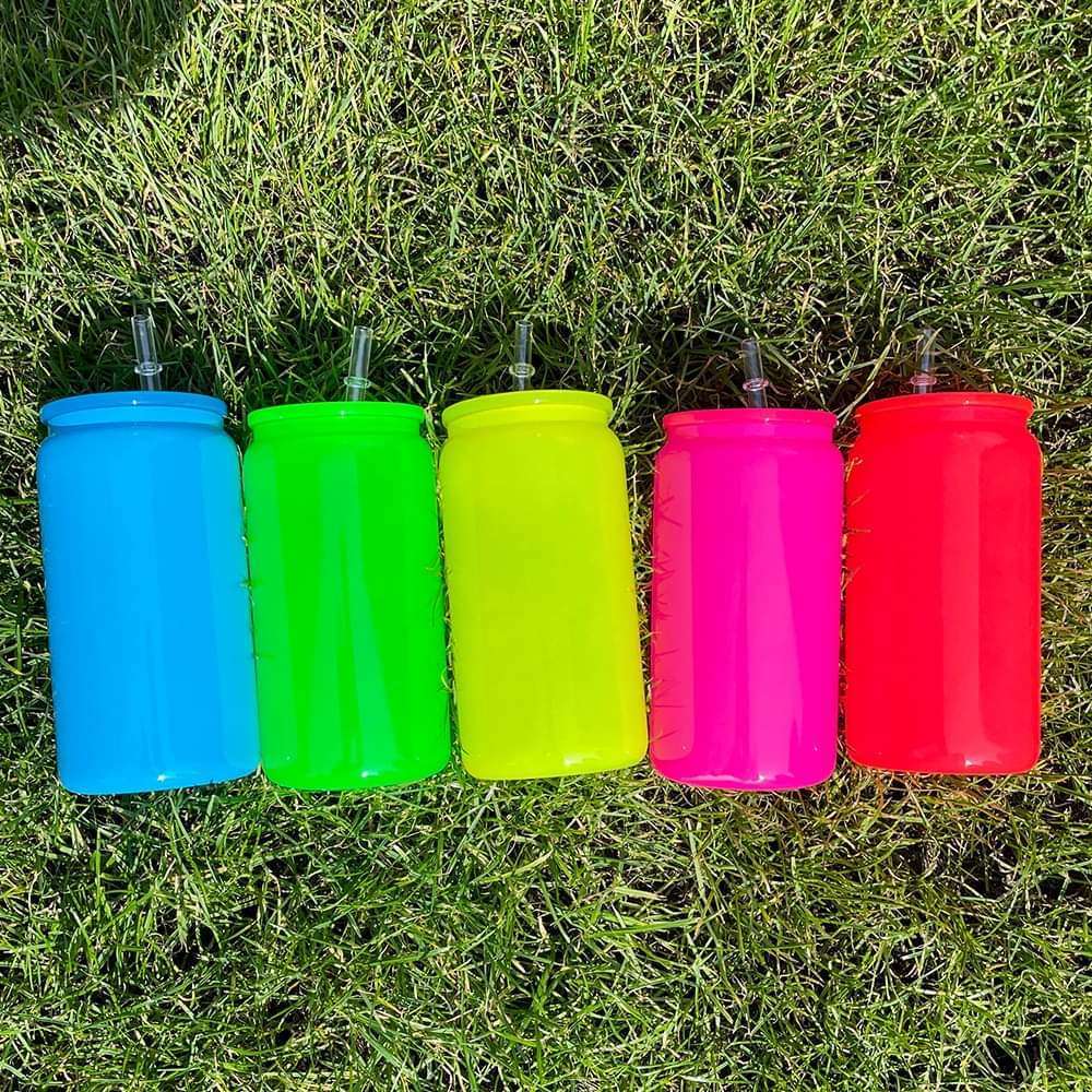 16oz Neon Glass Sublimation Water Bottle Glass Jar with  lids and straws