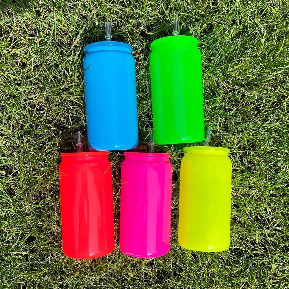 16oz Neon Glass Sublimation Water Bottle Glass Jar with  lids and straws