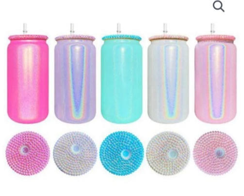 16oz Sublimation Blanks shimmer mixed color glass cups with rhinestones on the lids