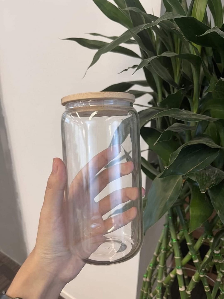 USA Warehouse 16oz Frosted Clear Beer Can Glass Sublimation Water Bottle Glass Jar with Bamboo Lid and Straws