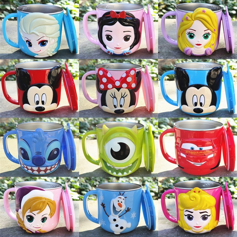 Disney children's water cup household anti-fall 3D stainless steel cup kindergarten water cup baby milk bottle cup