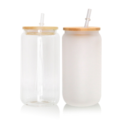 USA Warehouse 16oz Frosted Clear Beer Can Glass Sublimation Water Bottle Glass Jar with Bamboo Lid and Straws