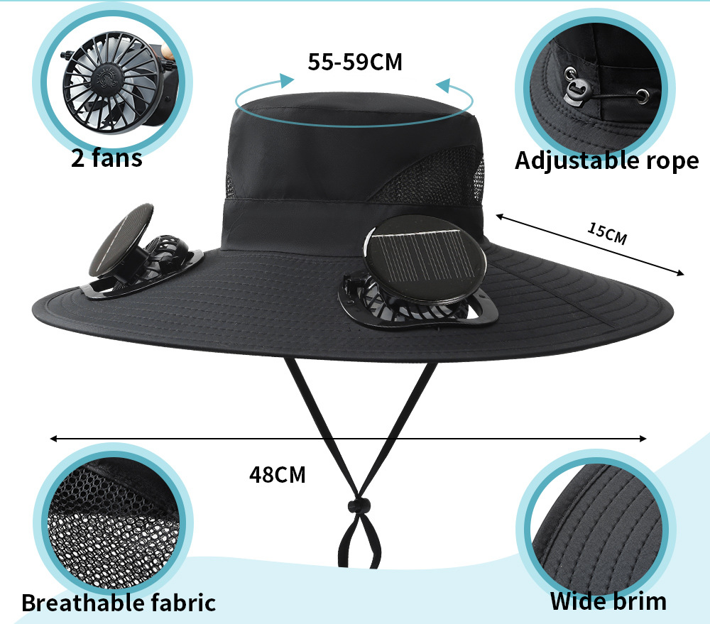 Dual Solar Charging Fans Summer Outdoor Hiking Travel Different Solid Colors Wide Brim Sunscreen Sun Cap Bucket Hat