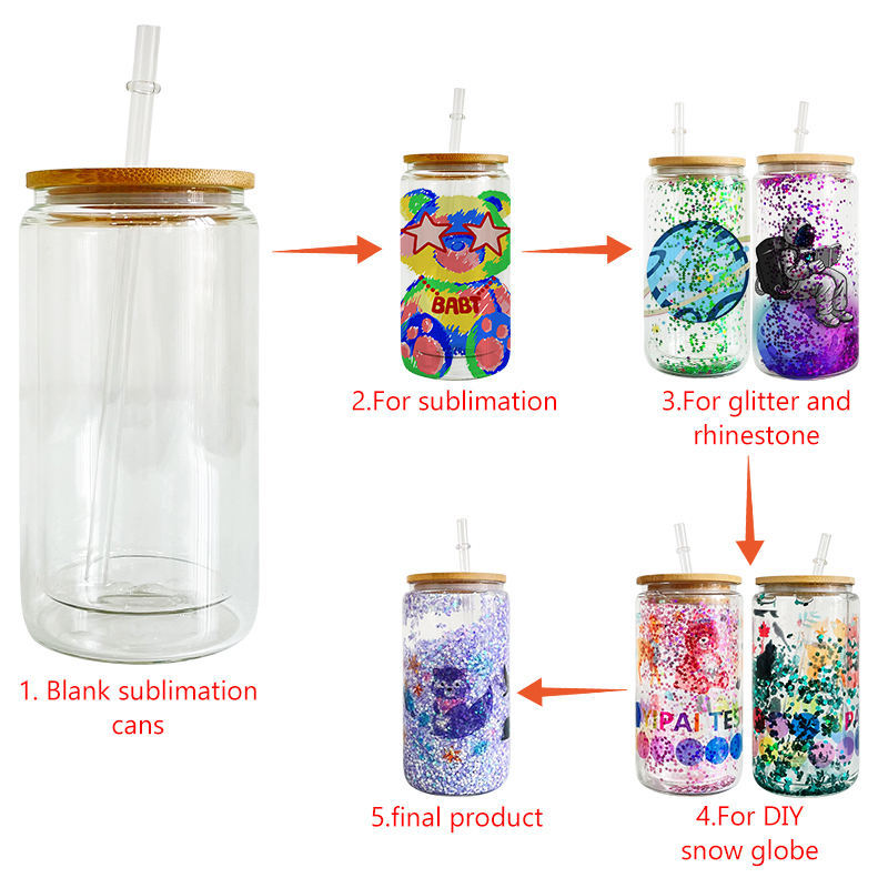 16oz 20oz Clear Double Wall Beer Can Glass Sublimation Water Bottle Glass Jar with Bamboo Lid and Straws