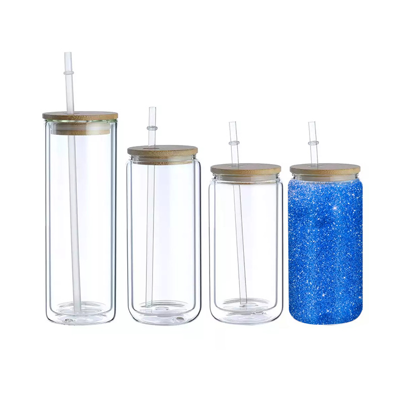 16oz 20oz Clear Double Wall Beer Can Glass Sublimation Water Bottle Glass Jar with Bamboo Lid and Straws
