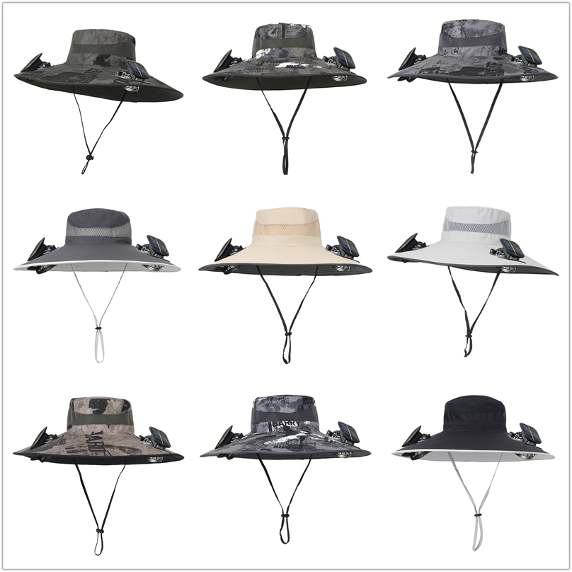 Dual Solar Charging Fans Summer Outdoor Hiking Travel Different Solid Colors Wide Brim Sunscreen Sun Cap Bucket Hat