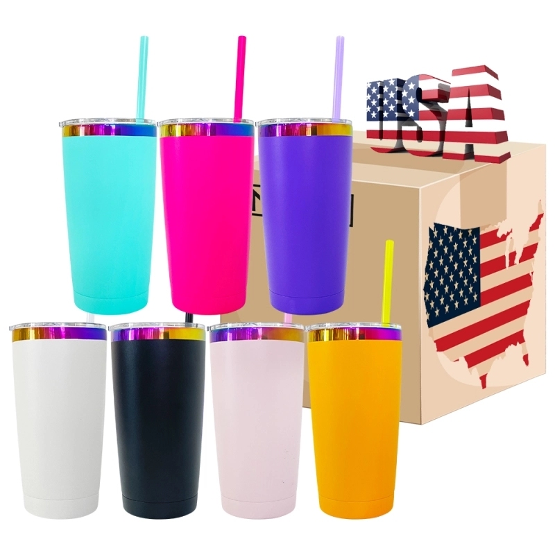 25 Pack USA Warehouse Yeti Power Coated 20oz Rainbow Plated Tumblers 20 oz Cup With Colorful Straws