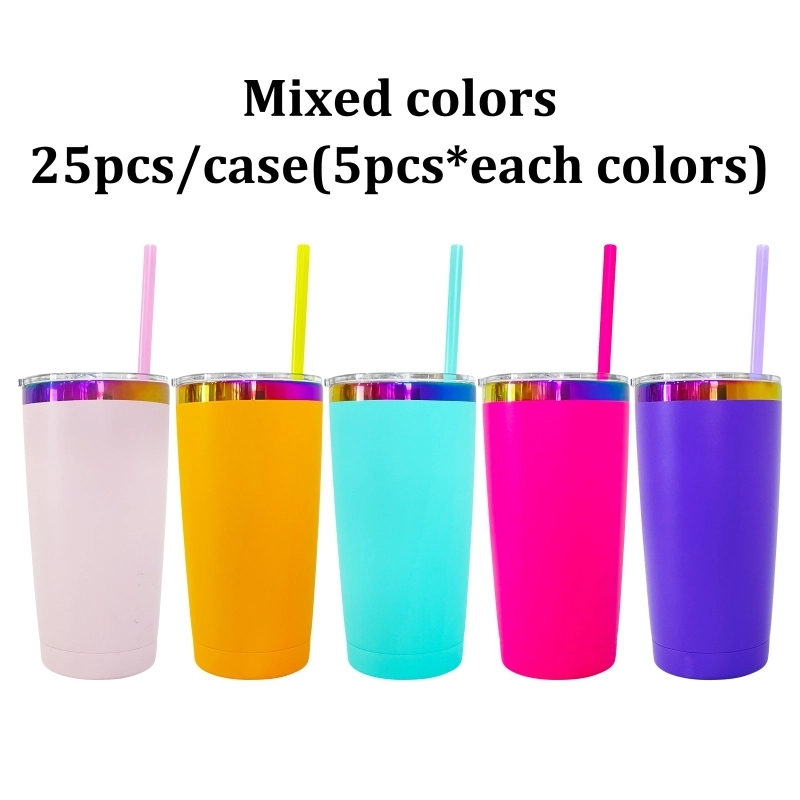 25 Pack USA Warehouse Yeti Power Coated 20oz Rainbow Plated Tumblers 20 oz Cup With Colorful Straws
