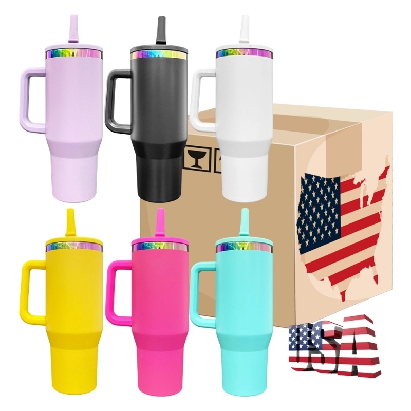 16 Pack USA Warehouse Flip Straw Leak Proof Powder Coated Rainbow Plated Underneath 40oz Tumbler Cups 40 oz Travel Coffee Mug with Handle for Laser Engraving