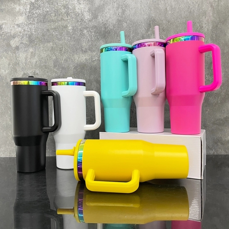 16 Pack USA Warehouse Flip Straw Leak Proof Powder Coated Rainbow Plated Underneath 40oz Tumbler Cups 40 oz Travel Coffee Mug with Handle for Laser Engraving