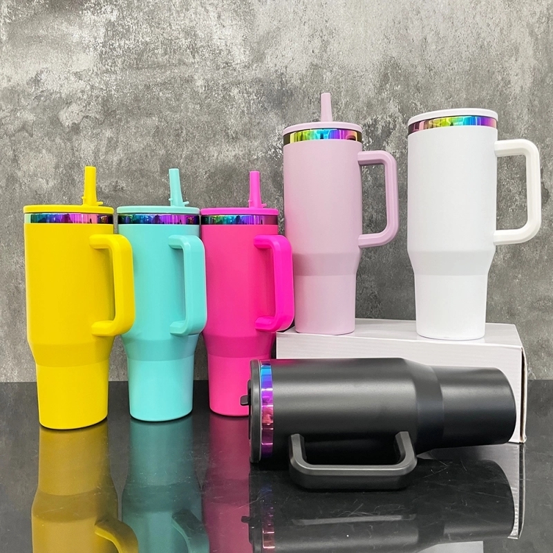 16 Pack USA Warehouse Flip Straw Leak Proof Powder Coated Rainbow Plated Underneath 40oz Tumbler Cups 40 oz Travel Coffee Mug with Handle for Laser Engraving