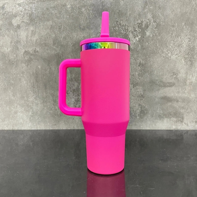 16 Pack USA Warehouse Flip Straw Leak Proof Powder Coated Rainbow Plated Underneath 40oz Tumbler Cups 40 oz Travel Coffee Mug with Handle for Laser Engraving