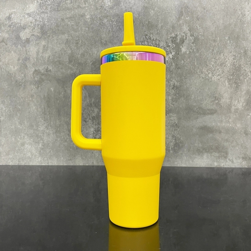 16 Pack USA Warehouse Flip Straw Leak Proof Powder Coated Rainbow Plated Underneath 40oz Tumbler Cups 40 oz Travel Coffee Mug with Handle for Laser Engraving