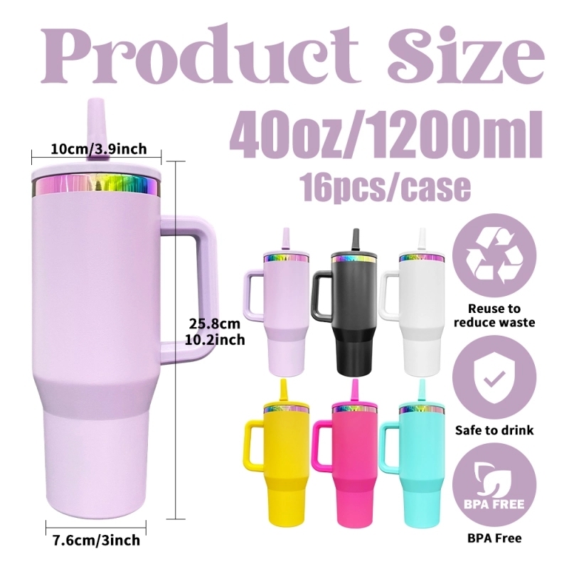 16 Pack USA Warehouse Flip Straw Leak Proof Powder Coated Rainbow Plated Underneath 40oz Tumbler Cups 40 oz Travel Coffee Mug with Handle for Laser Engraving