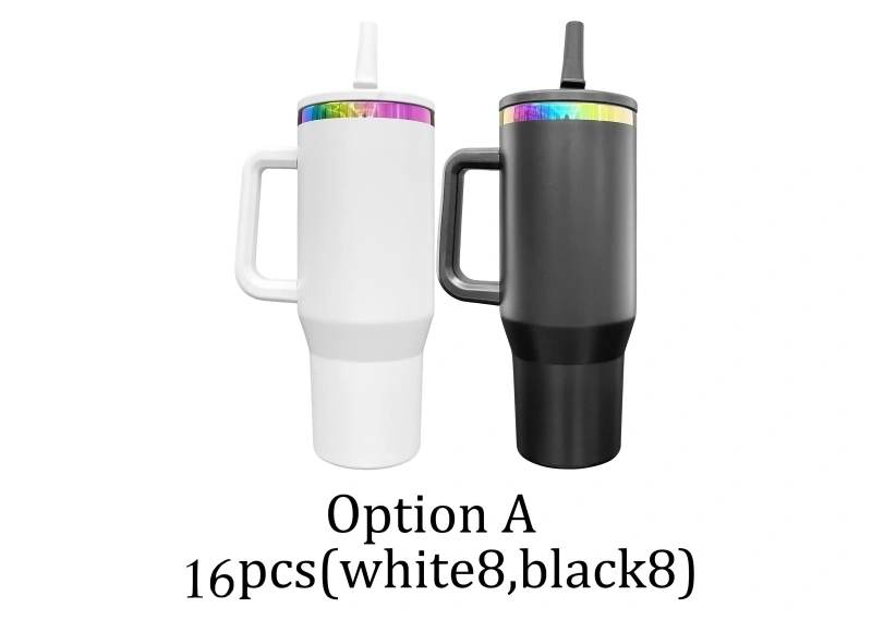 16 Pack USA Warehouse Flip Straw Leak Proof Powder Coated Rainbow Plated Underneath 40oz Tumbler Cups 40 oz Travel Coffee Mug with Handle for Laser Engraving