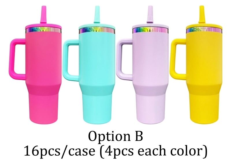 16 Pack USA Warehouse Flip Straw Leak Proof Powder Coated Rainbow Plated Underneath 40oz Tumbler Cups 40 oz Travel Coffee Mug with Handle for Laser Engraving