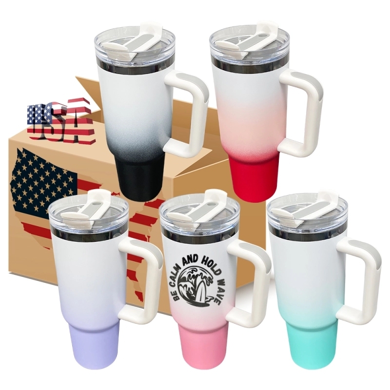 20 Pack USA Warehouse 40oz Black Plated Ombre Power Coated Color Tumblers for Laser Engraving 40 oz Double Wall Insulated Water Bottles with Handle and Straw