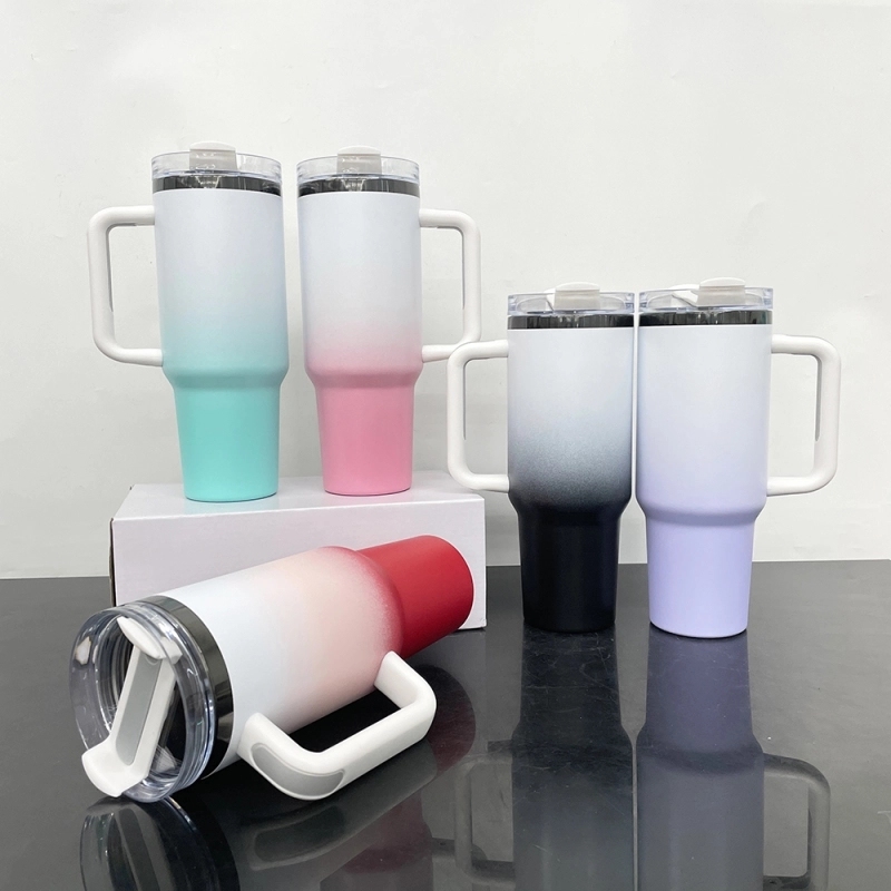 20 Pack USA Warehouse 40oz Black Plated Ombre Power Coated Color Tumblers for Laser Engraving 40 oz Double Wall Insulated Water Bottles with Handle and Straw