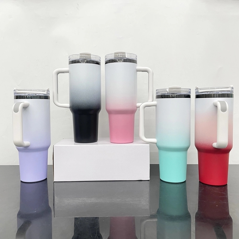 20 Pack USA Warehouse 40oz Black Plated Ombre Power Coated Color Tumblers for Laser Engraving 40 oz Double Wall Insulated Water Bottles with Handle and Straw