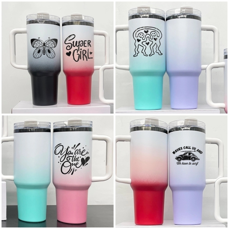20 Pack USA Warehouse 40oz Black Plated Ombre Power Coated Color Tumblers for Laser Engraving 40 oz Double Wall Insulated Water Bottles with Handle and Straw