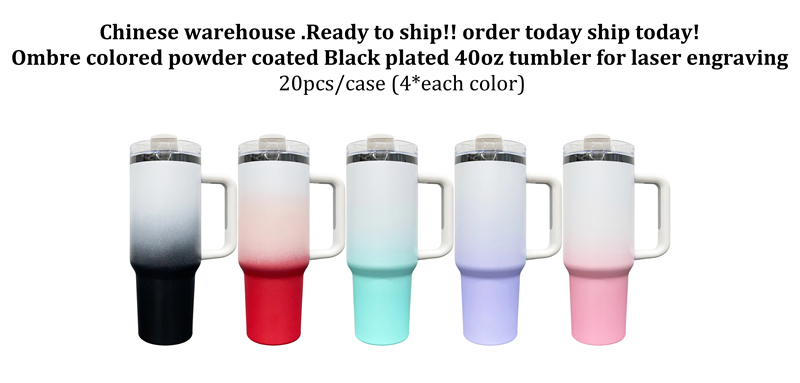 20 Pack USA Warehouse 40oz Black Plated Ombre Power Coated Color Tumblers for Laser Engraving 40 oz Double Wall Insulated Water Bottles with Handle and Straw