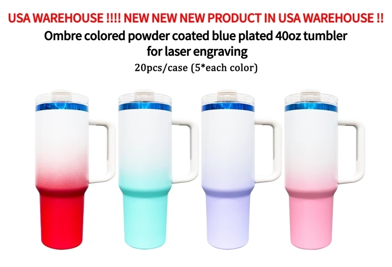 20 Pack USA Warehouse 40oz Blue Mirror Underneath Ombre Colors Quencher Tumblers for Laser Engraving