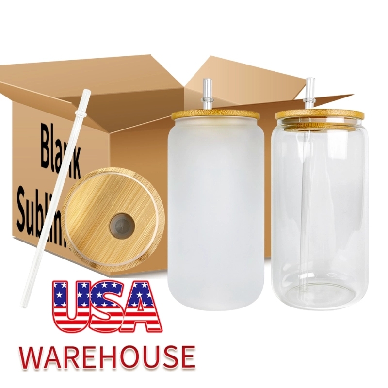 25 Pack 50 Pack USA Warehouse 16oz Sublimation Blanks Clear Frosted Beer Glass Can 16 oz Glass Water Bottle With Bamboo Lid And Plastic Straw