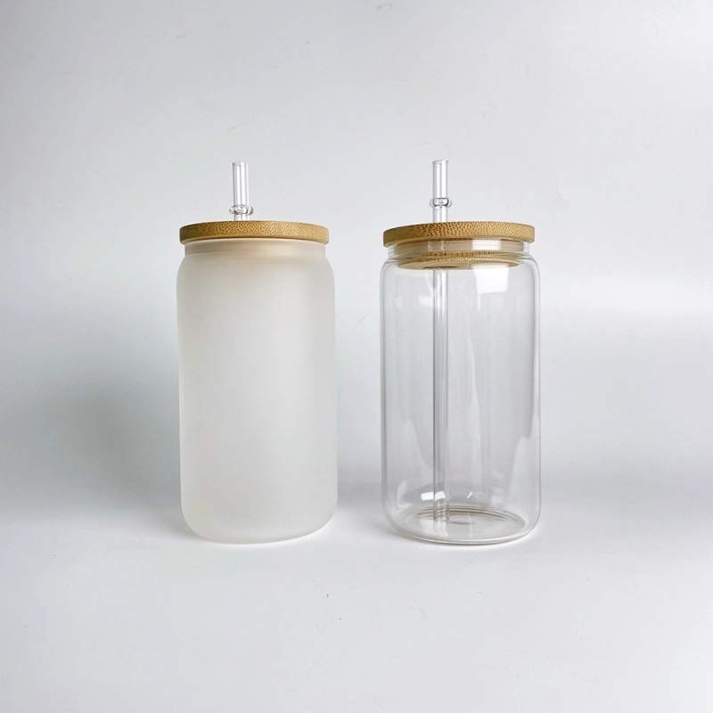 25 Pack 50 Pack USA Warehouse 16oz Sublimation Blanks Clear Frosted Beer Glass Can 16 oz Glass Water Bottle With Bamboo Lid And Plastic Straw