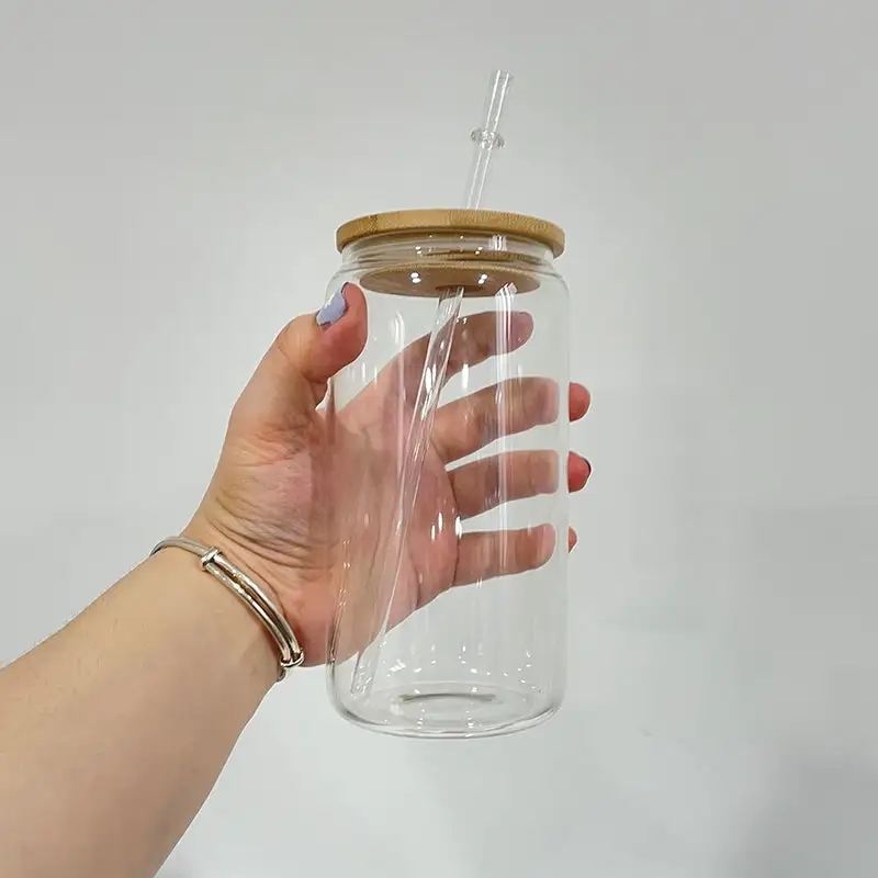 25 Pack 50 Pack USA Warehouse 16oz Sublimation Blanks Clear Frosted Beer Glass Can 16 oz Glass Water Bottle With Bamboo Lid And Plastic Straw