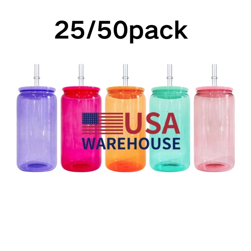 25 Pack 50 Pack USA Warehouse Sublimation 16oz Colored Jelly Glass Can With Plastic Lids Sold By Case