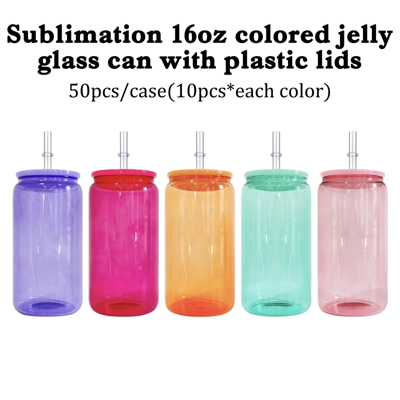 25 Pack 50 Pack USA Warehouse Sublimation 16oz Colored Jelly Glass Can With Plastic Lids Sold By Case