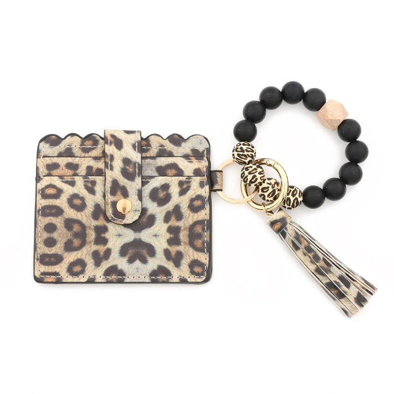 Popular Silicone Bead Bracelet With PU Card Bag Keychain
