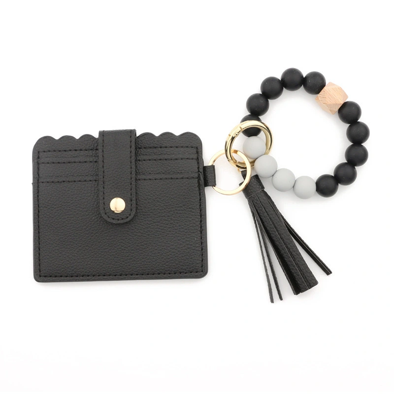 Popular Silicone Bead Bracelet With PU Card Bag Keychain