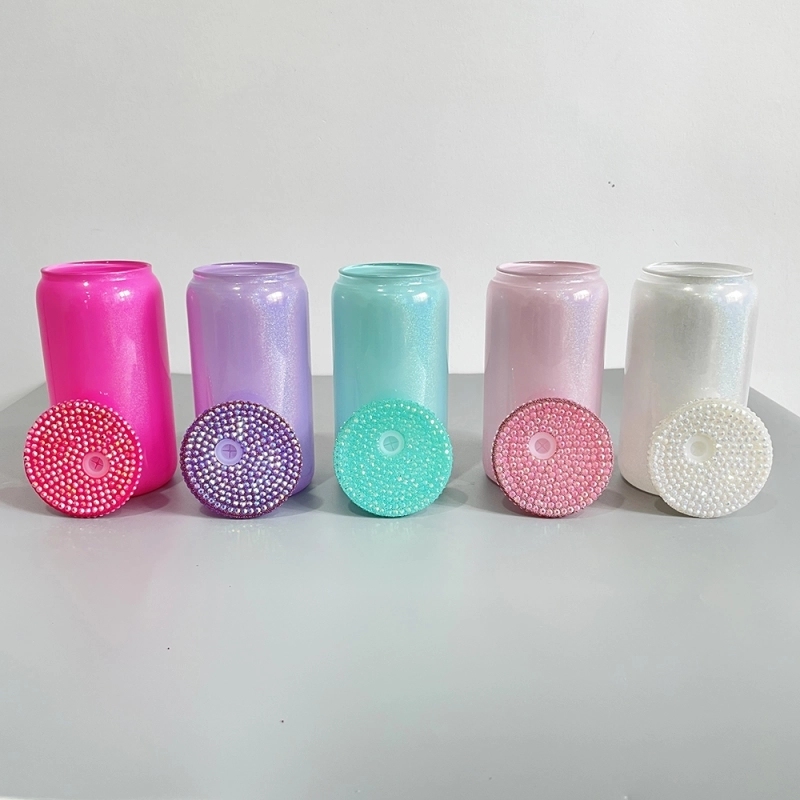50 Pack USA Warehouse 16oz Holographic Shimmer Rainbow Color Blank Sublimation Glass Can With Bling Rhinestone Plastic Lid